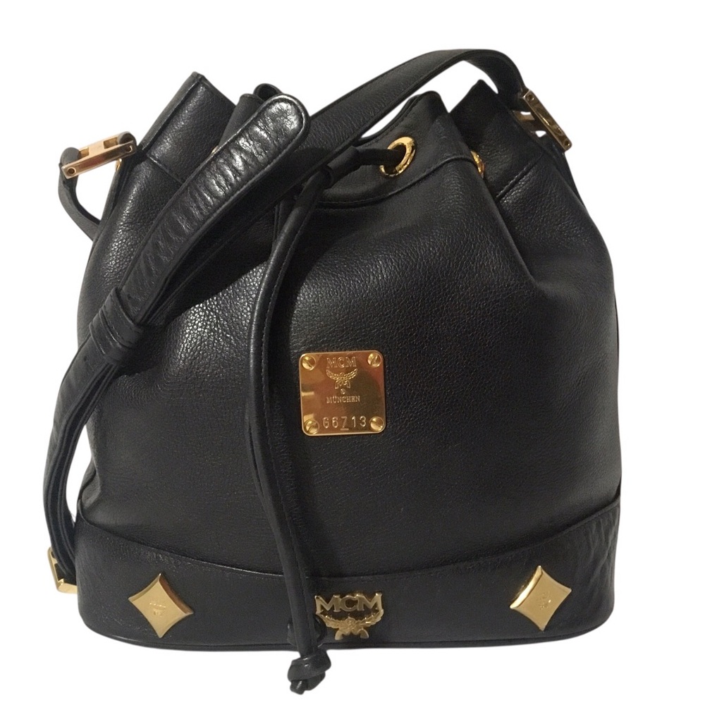 MCM Black Leather Drawstring Hobo with Gold Accents